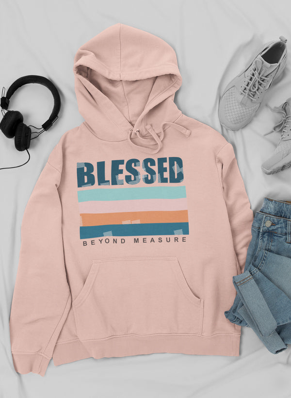 Blessed Hoodie with pastel stripes and Beyond Measure text on digitally printed heavyweight fleece, USA made.