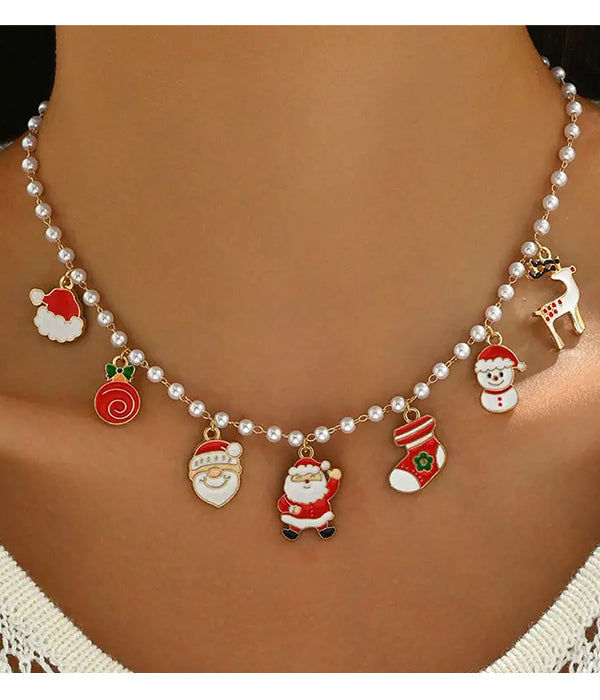 CHRISTMAS THEME MULTI CHARM PEARL CHAIN NECKLACE-0