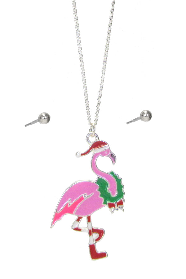 EPOXY CHRISTMAS THEME FLAMINGO PENDANT NECKLACE SET-0