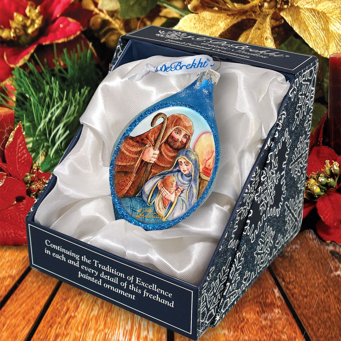 Decorative Christmas ornament in a box with festive background