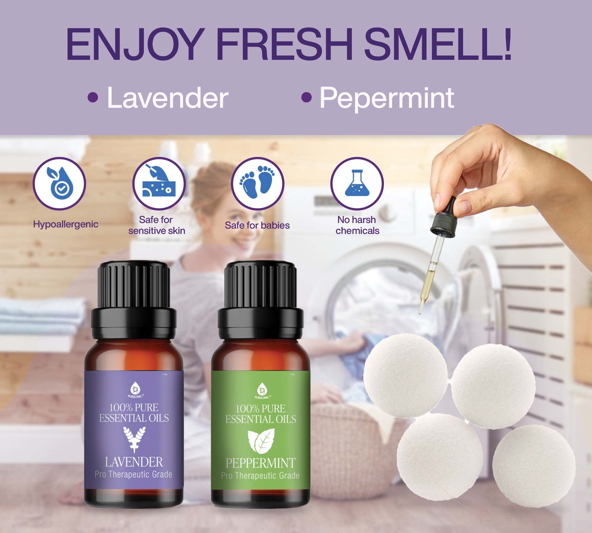 Wool Dryer Balls Bundle - Reusable Laundry Balls Made from Pure New Zealand Wool - Includes Lavender & Peppermint Oils-1