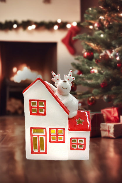 Christmas Ceramic Ornament - Christmas Cottage with Reindeer by Wizardi-0