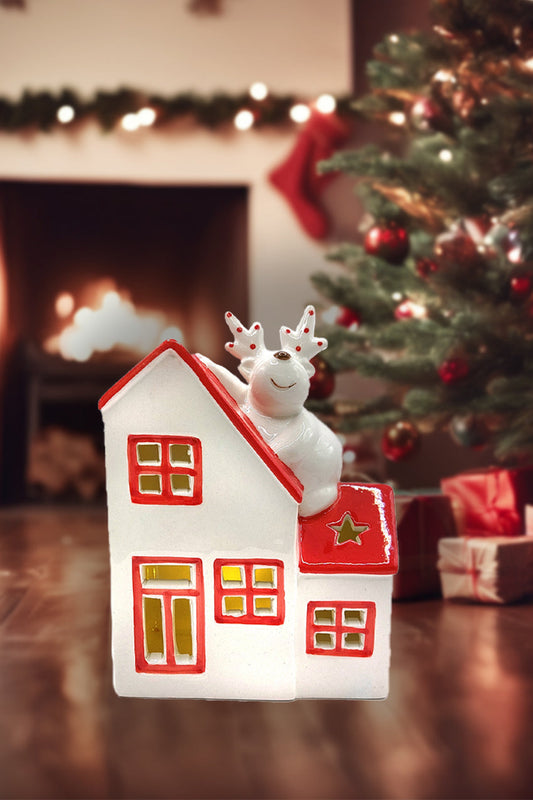 Christmas Ceramic Ornament - Christmas Cottage with Reindeer by Wizardi-0