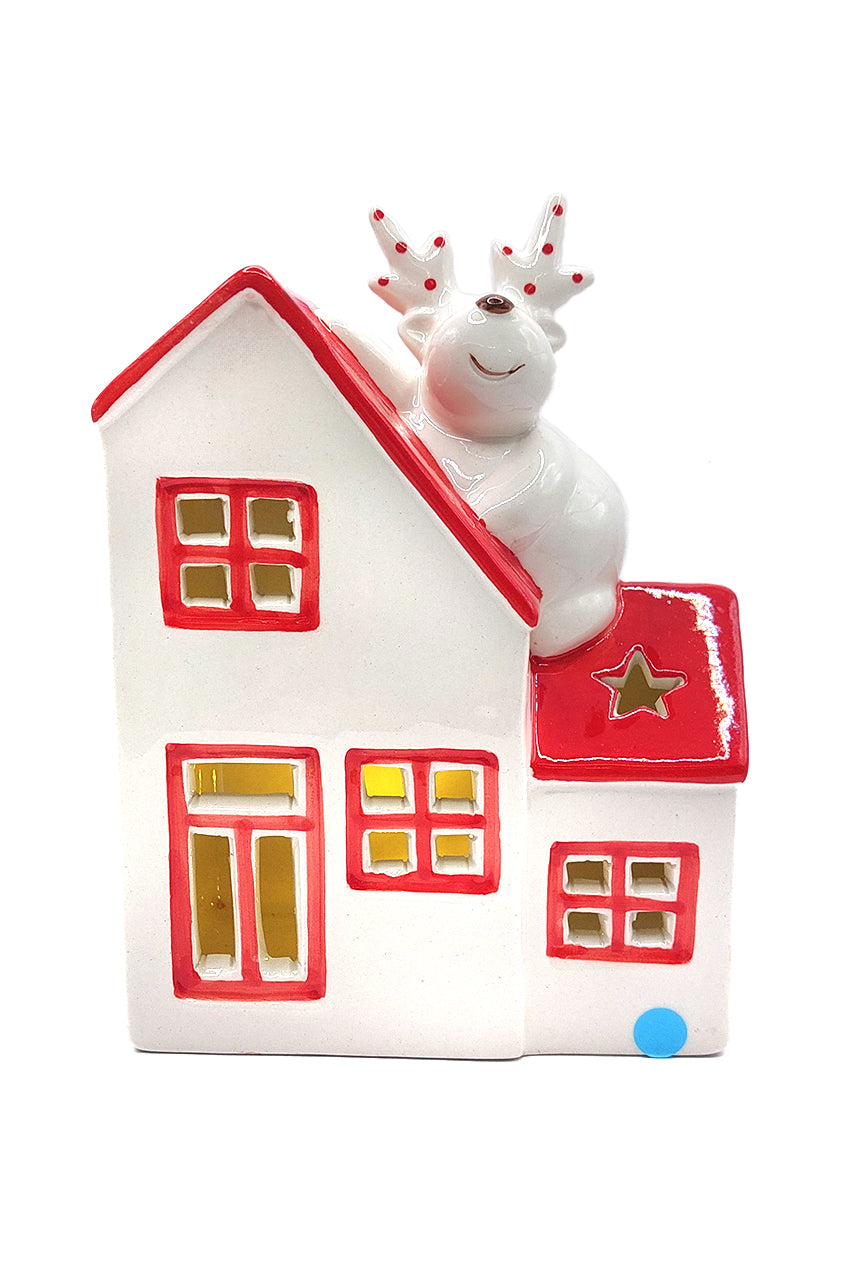 Christmas Ceramic Ornament - Christmas Cottage with Reindeer by Wizardi-1