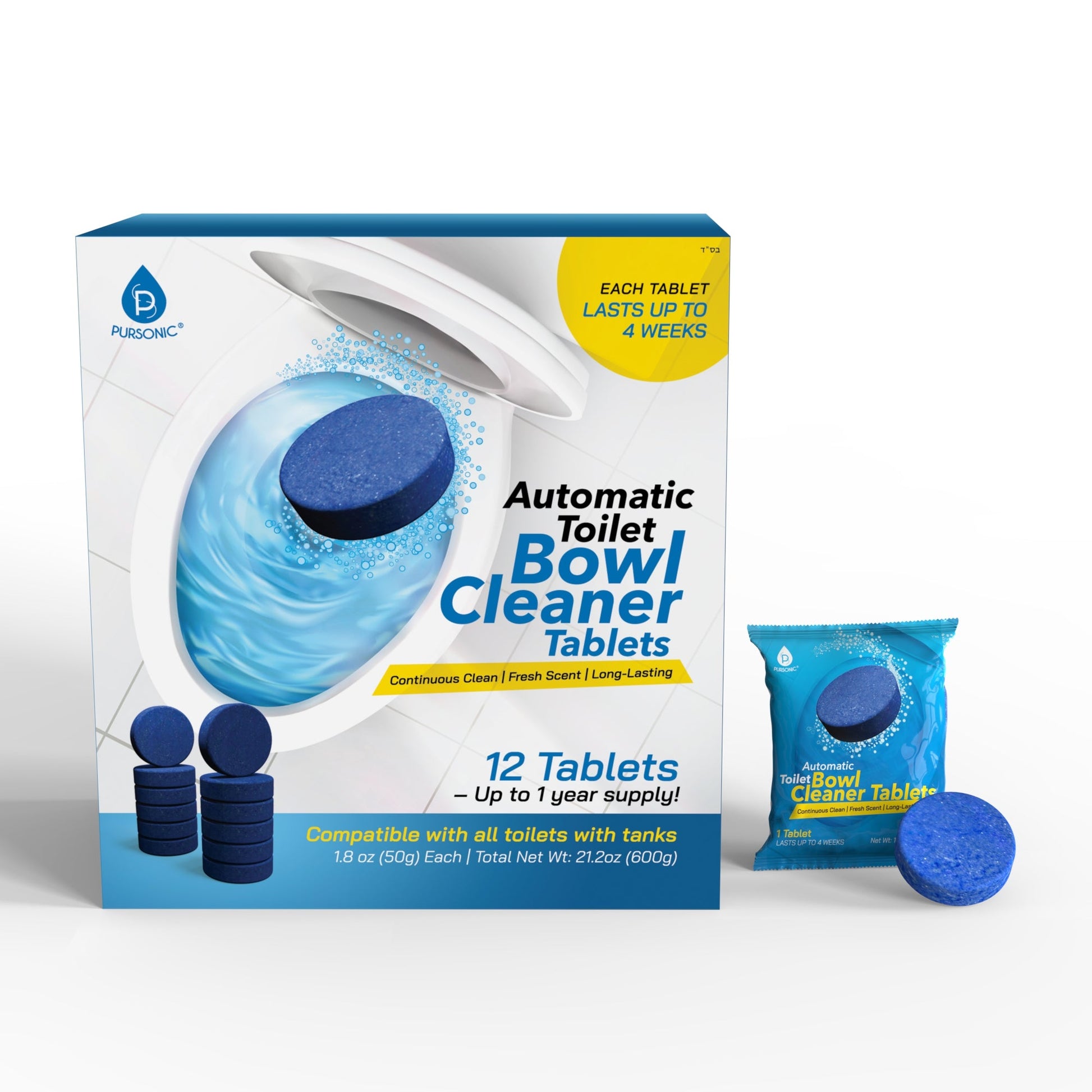 Pursonic Automatic Toilet Bowl Cleaner Tablets | Stain & Odor Removal, Long-Lasting Freshness, Blue Water Indicator-0