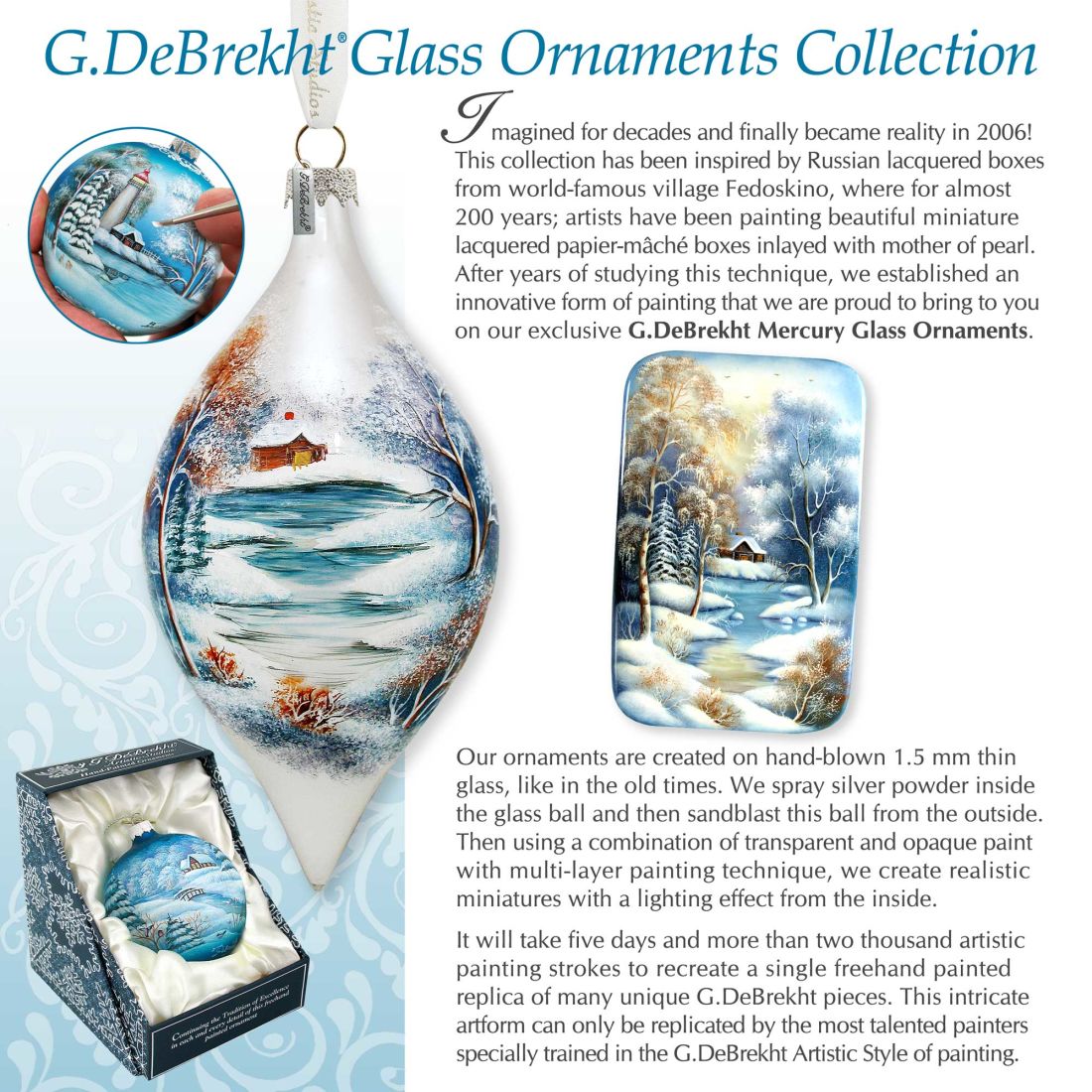 G.DeBrekht Glass Ornaments Collection with decorative glass ornament and packaging on a light blue background.