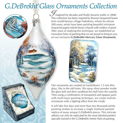 G.DeBrekht Glass Ornaments Collection with decorative glass ornament and packaging on a light blue background.