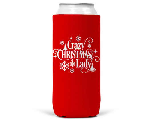 Crazy Christmas Lady Christmas SLIM CAN Coozie 12oz Slim Can-0