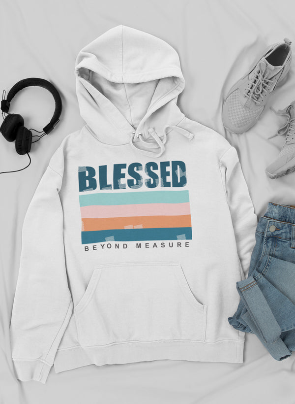 Blessed Hoodie with digitally printed pastel stripe design, Blessed Beyond Measure, heavyweight fleece, made in USA.