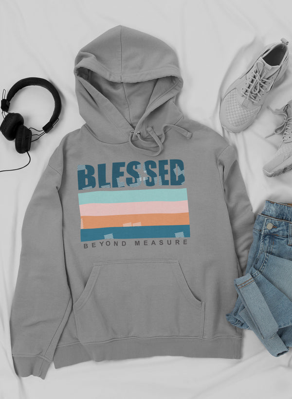 Blessed Hoodie in gray fleece with bold BLESSED and pastel stripe BEYOND MEASURE graphic.