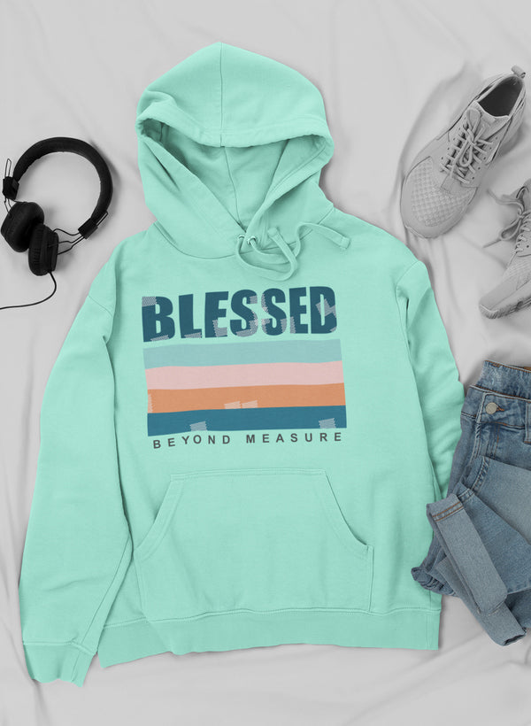 Blessed Hoodie mint green fleece with bold BLESSED graphic and pastel stripe design, BEYOND MEASURE.