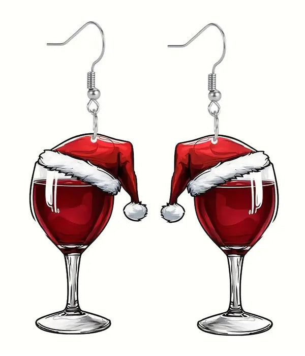 CHRISTMAS WINE GLASS AND SANTA HAT ACRYL EARRING-0