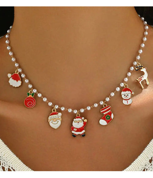 CHRISTMAS THEME MULTI CHARM PEARL CHAIN NECKLACE-0