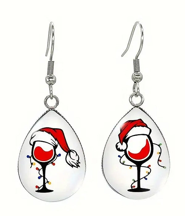 CHRISTMAS THEME WINE PAINT TEARDROP EARRING-0