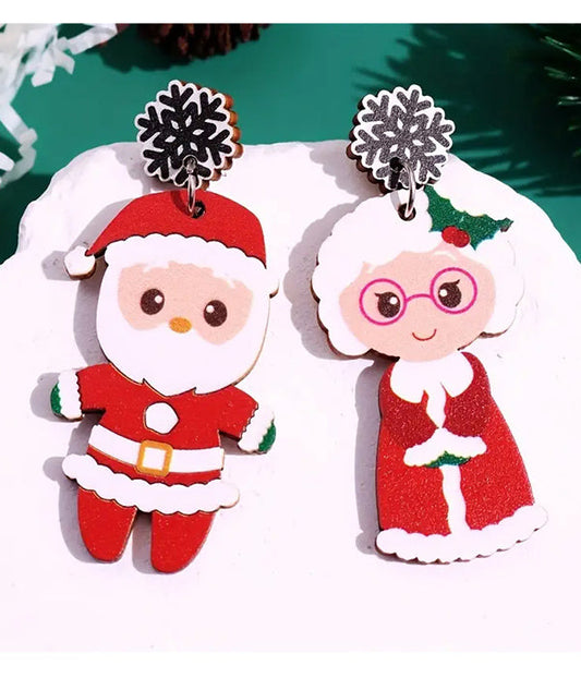 CHRISTMAS THEME WOOD SANTA AND GRANDMA EARRING-0