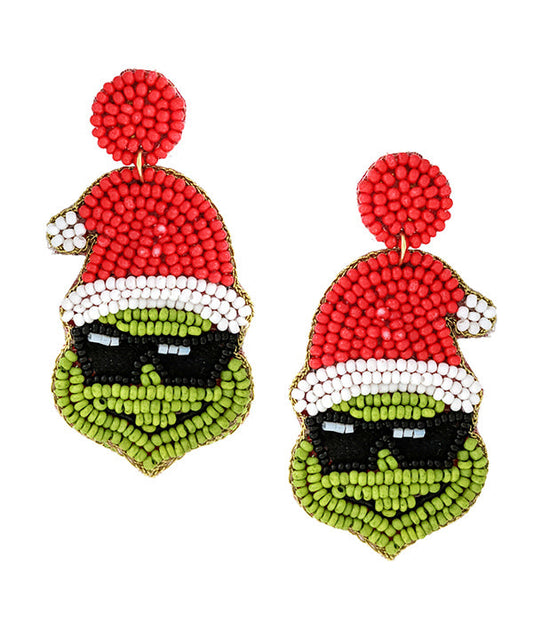 HANDMADE CHRISTMAS THEME MULTI SEEDBEAD EARRING - GRINCH-0
