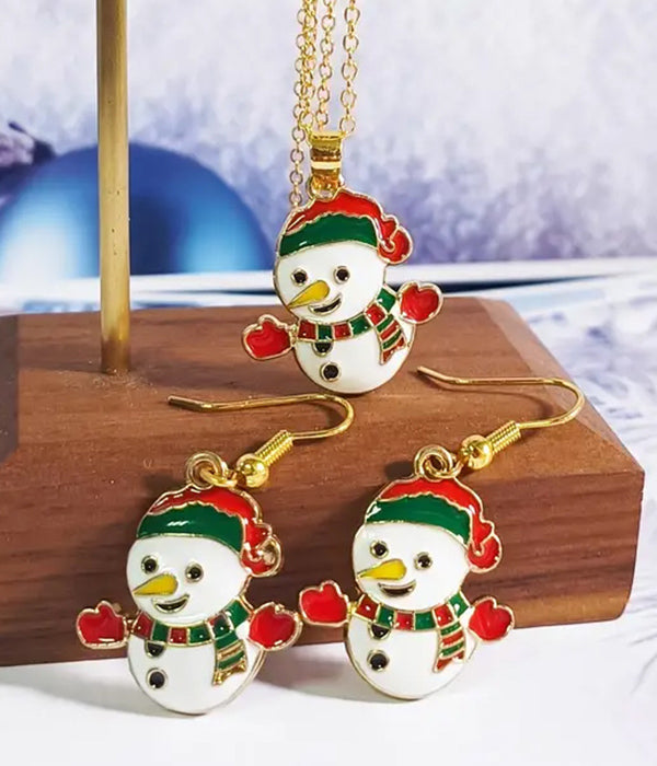 CHRISTMAS THEME EPOXY SNOWMAN NECKLACE EARRING SET-0
