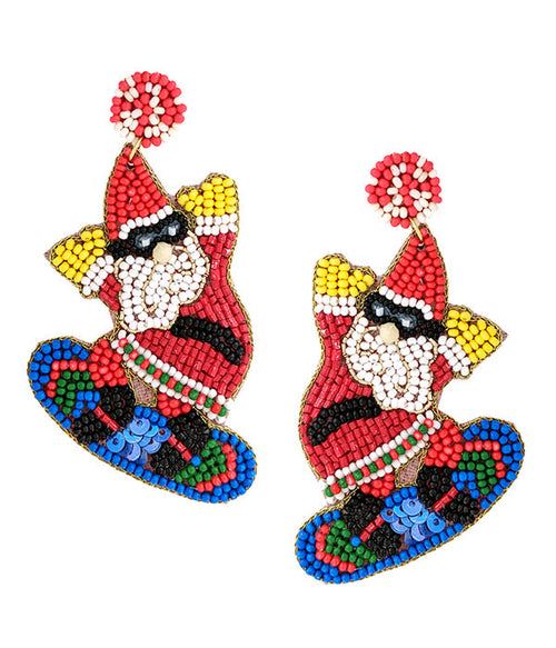 HANDMADE CHRISTMAS THEME MULTI SEEDBEAD EARRING - SURFING SANTA-0