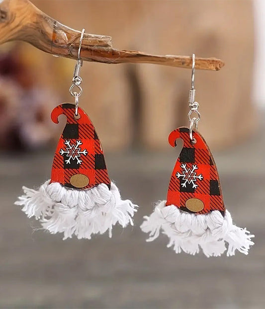 CHRISTMAS THEME GNOME HAT WOOD EARRING-0