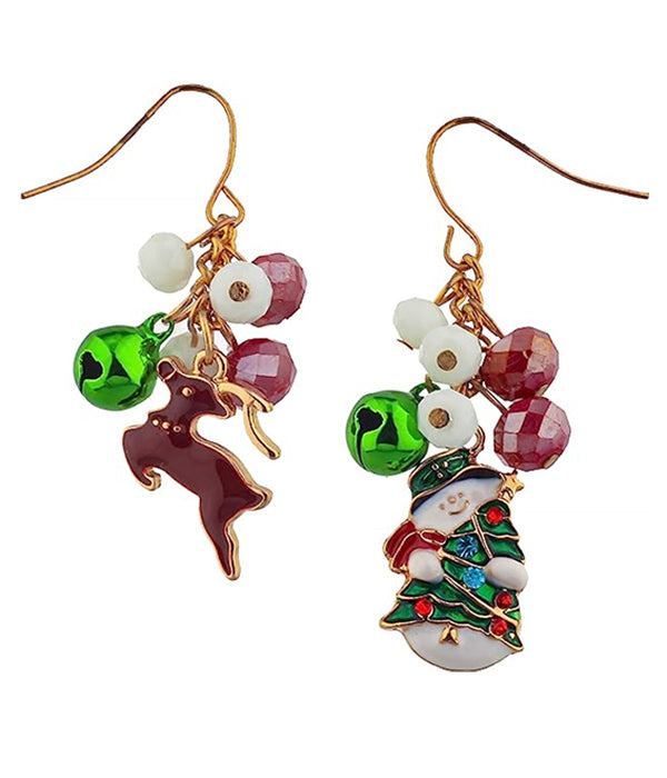 CHRISTMAS THEME CHARM AND JINGLE BELL EARRING - REINDEER SNOWMAN-0
