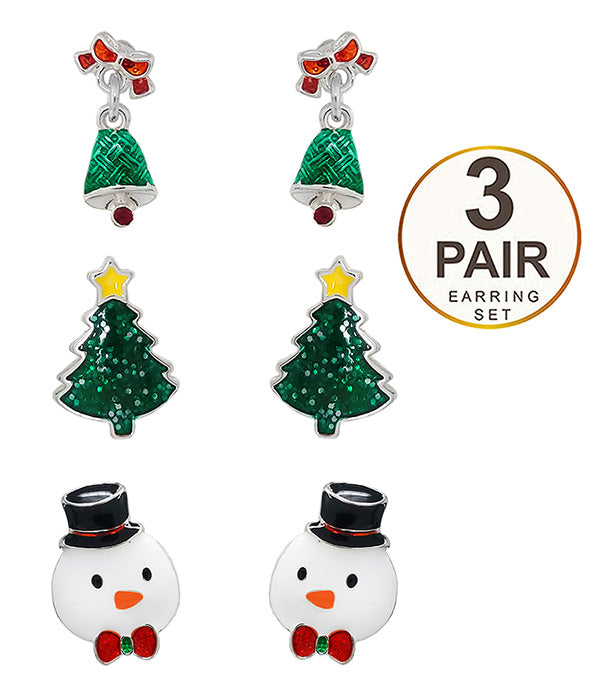 CHRISTMAS THEME 3 PAIR EARRING SET - SNOWMAN-0