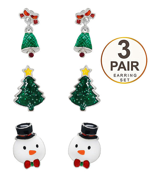CHRISTMAS THEME 3 PAIR EARRING SET - SNOWMAN-0