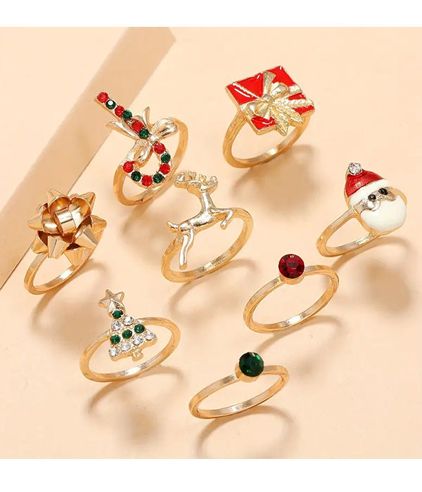 CHRISTMAS THEME 8 PIECE RING SET - SANTA TREE GIFT BOX-0