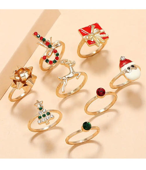 CHRISTMAS THEME 8 PIECE RING SET - SANTA TREE GIFT BOX-0