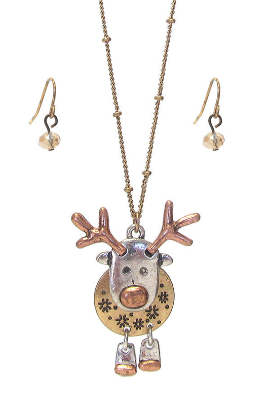 CHRISTMAS THEME RUDOLPH REINDEER PENDANT NECKLACE SET-0