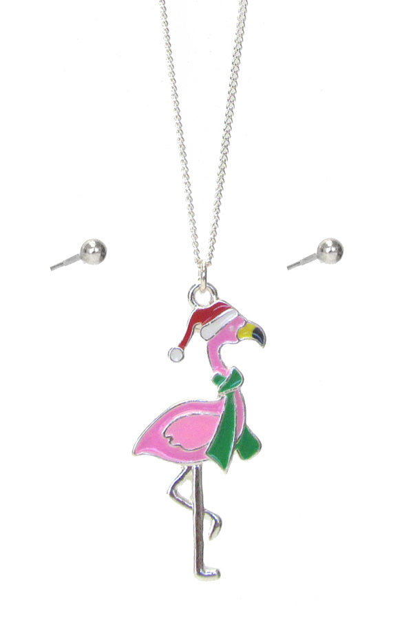EPOXY CHRISTMAS THEME FLAMINGO PENDANT NECKLACE SET-0