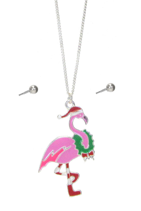 EPOXY CHRISTMAS THEME FLAMINGO PENDANT NECKLACE SET-0