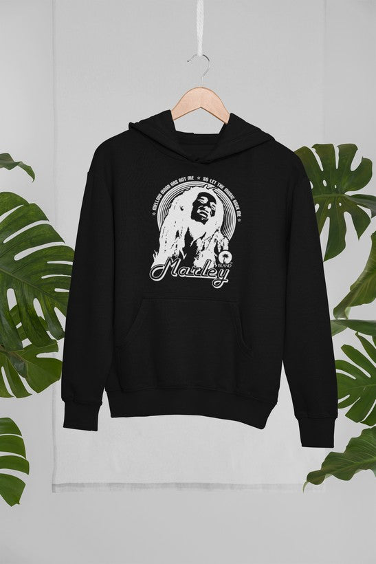 Marley Hoodie with white circular Marley portrait design on black heavy-weight fleece, USA-made.