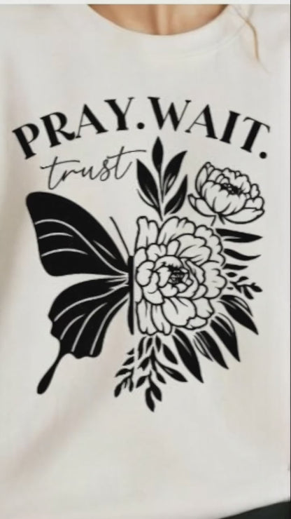 Christian Sweatshirt Pray Wait Trust Faith Based Unisex White Gildan