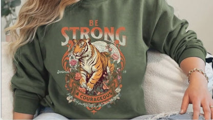 Christian Sweatshirt Be Strong And Courageous Retro Military Green